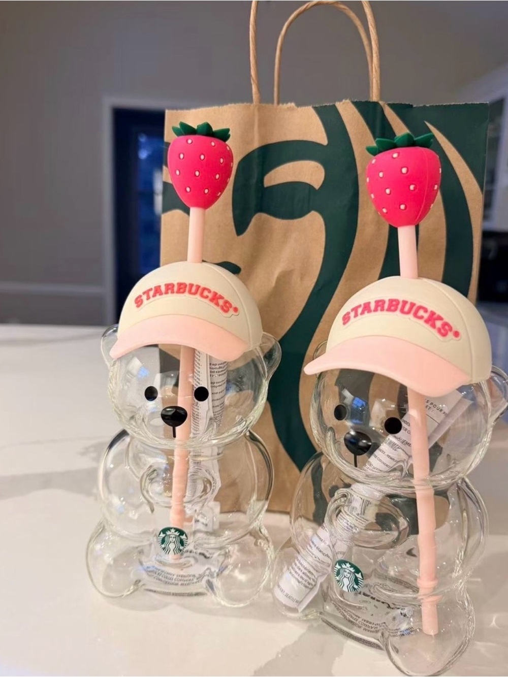 Starbucks Clear Bear Tumbler with Pink Strawberry Topper and Pink Straw - Picture 3 of 3